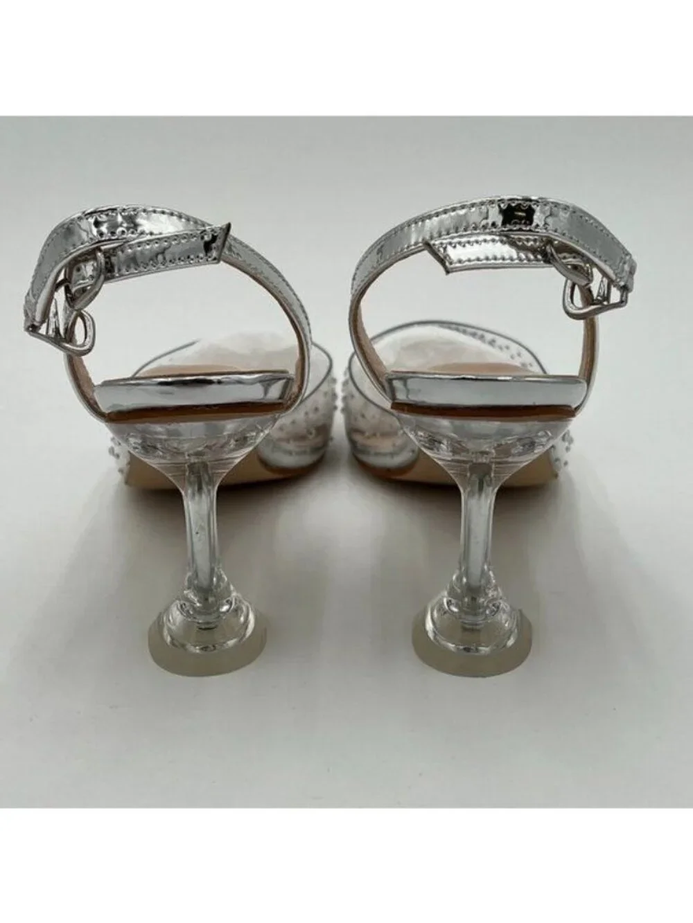 FSJ Silver Crystal Studded Clear Sparkle Rhinestones Clear Heel Slingback Shoes